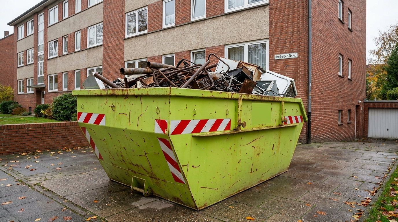 Mehrere Schrottcontainer auf einem Industriehof – Containerflotte von M&N Schrotthandel Hamburg